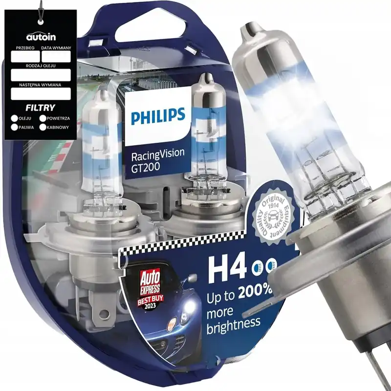 Popularny NAJMOCNIEJSZE ŻARÓWKI H4 PHILIPS RACING VISION GT200 +200% ZESTAW 2 SZTUKI
