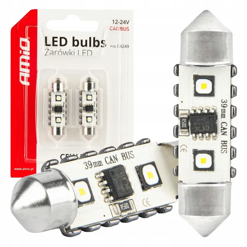 Niska cena Żarówki LED CANBUS Festoon C5W 2SMD 3838 39mm White 12V 24V AMIO-04249