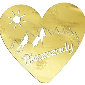 Oryginalny Wycinana naklejka BIESZCZADY - SERCE - GÓRY - LAS złoty chrom - J and A