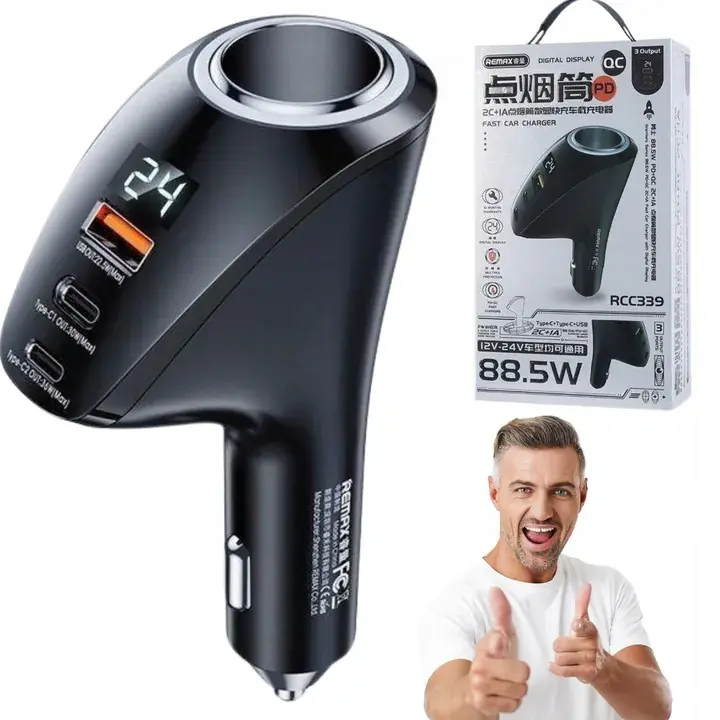 Ładowarka samochodowa REMAX Szybkie Ładowanie 88.5WPD QC 2xUSB-C + 1xUSB Wyprzedaż