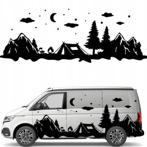 Kup teraz NAKLEJKA Grafika na kamper przyczepę CAMPING NAMIOT GWIAZDY GÓRY 43x118
