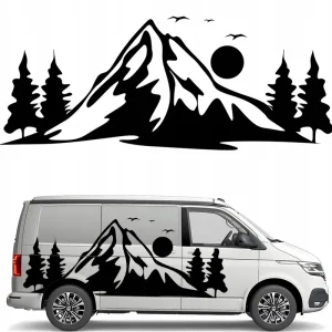 Tani NAKLEJKA Grafika na kamper przyczepę GÓRY MOUNTIANS DRZEWA LAS 44x110cm