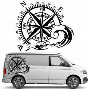 Ekspresowa dostawa NAKLEJKA Grafika na auto kamper przyczepę KOMPAS RÓŻA WIATRÓW FALA 43x50