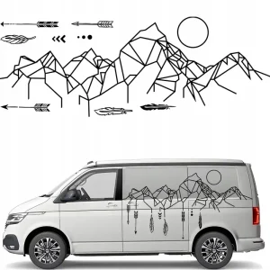 Wysoka jakość NAKLEJKA Grafika na kamper auto przyczepę GÓRY GEOMETRYCZNE STRZAŁY 45x126