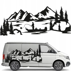 NAKLEJKA Grafika na auto kamper przyczepę RYBAK JEZIORO GÓRY FISH 45x109 Wysoka jakość