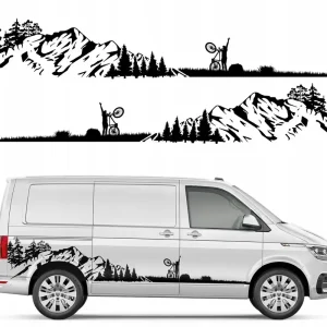 Najlepsza cena 2x NAKLEJKA Grafika na kamper auto GÓRY Rowerzysta LAS Mountains 57x340