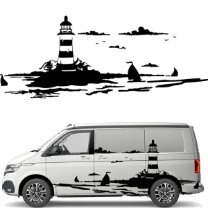 Bezpieczna płatność NAKLEJKA Grafika na kamper przyczepę LATARNIA MORSKA STATKI MORZE 43x110