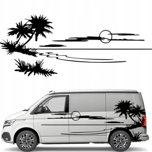 Oferta limitowana NAKLEJKA Grafika na kamper Przyczepę PALMY PLAŻA WYSPA ZACHÓD SŁOŃCA 43x106