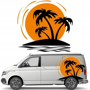 Autentyczny NAKLEJKA Kolorowa na kampera ZACHÓD SŁOŃCA PALMY Wyspa TREE 43x46 | Kolory