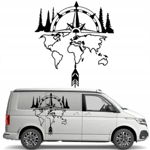 Premium NAKLEJKA na pojazd kamper KOMPAS Róża Wiatrów Drzewa MAPA ŚWIATA LAS 45x41
