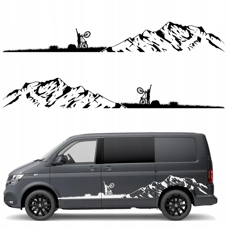 NAKLEJKA Grafika na Kampera Przyczepę ROWERZYSTA BIKE GÓRY MOUNTAINS 200x27 Szybka dostawa