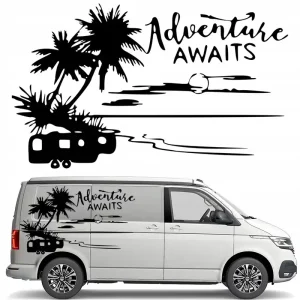 NAKLEJKA Grafika na kamper przyczepę ADVENTURE AWAITS PRZYGODA PALMY 43x26 Nowość