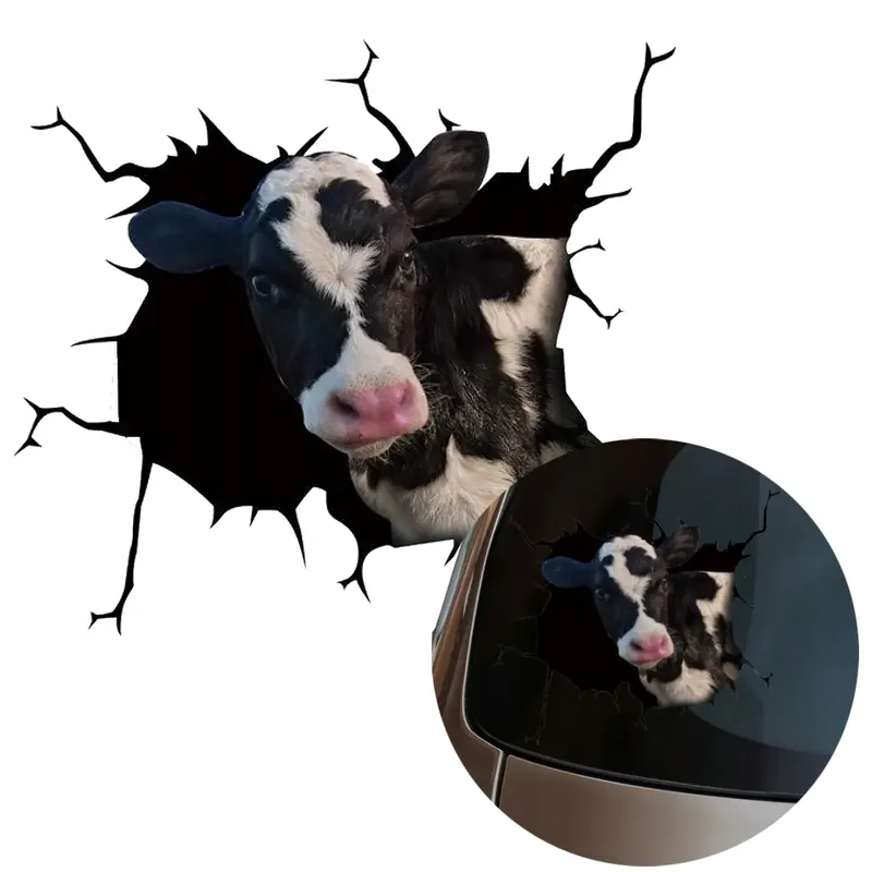 NAKLEJKA Grafika na samochód zbita szyba Wyglądająca Krowa Krówka 15x16cm Wysoka jakość