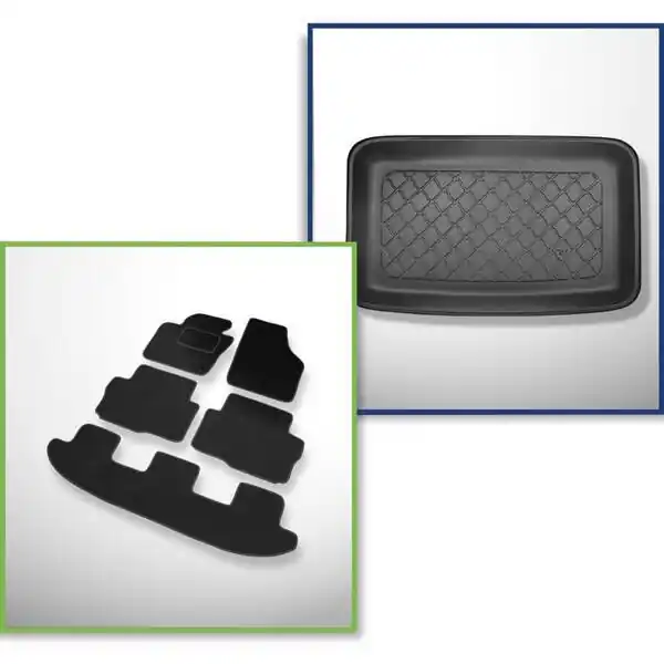 Premium Zestaw: dywaniki welurowe + mata do bagażnika do Volkswagen Sharan II (09.2010-03.2022) - 7 miejsc; trzeci rząd podniesiony (na przestrzeń za trzecim rzędem siedzeń)