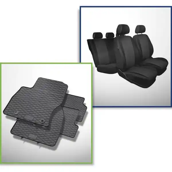 Zestaw: dywaniki gumowe + pokrowce szyte na miarę do Ford Focus II Hatchback, Kombi, Sedan (2003-2010) - Practic Tani