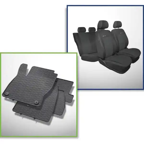 Zestaw: dywaniki gumowe + pokrowce szyte na miarę do Ford Focus III Hatchback, Kombi, Sedan (2011-2018) - Elegance - brak pokrowca na tylny podłokietnik Oferta