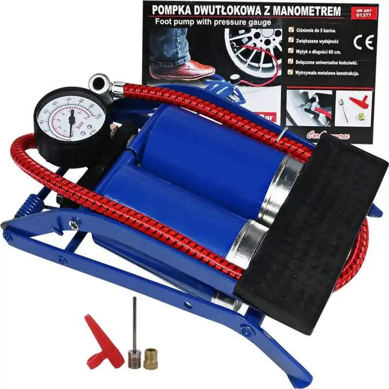 POMPKA NOŻNA DWUTŁOKOWA SAMOCHODOWA ROWEROWA Z MANOMETREM TUV + KOŃCÓWKI Tylko dziś