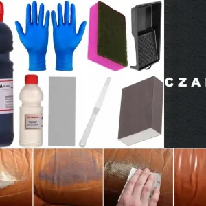Niska cena Czarny ZESTAW do NAPRAWY SKÓRY dziur ubytków Zmywacz Szpachla Renoskór GIPS